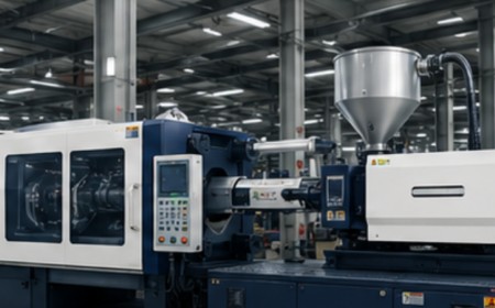 Injection moulding machine on a factory floor